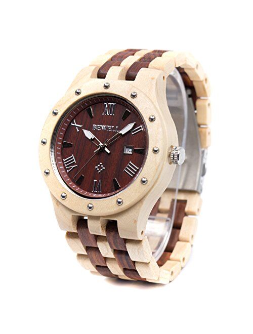 Bewell Men's Wooden Watches Handmade Date Display Analog Quartz Luminous Wristwatch