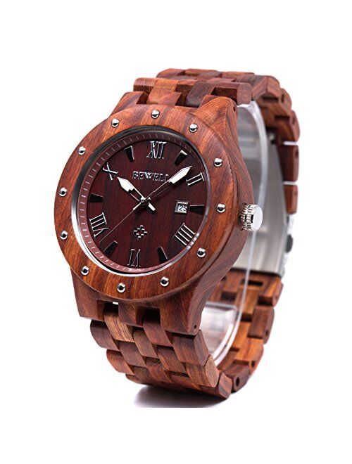 Bewell Men's Wooden Watches Handmade Date Display Analog Quartz Luminous Wristwatch