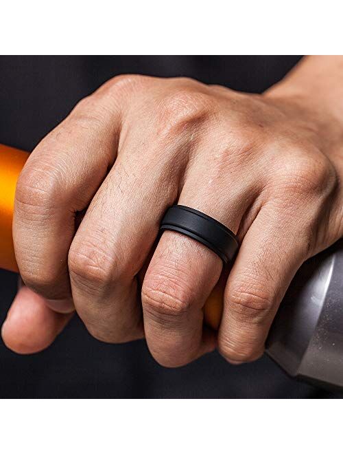 ThunderFit Silicone Wedding Rings for Men Breathable Airflow Inner Grooves - Step Edge Sleek Design Breathable Rubber Engagement Bands - 8mm wide - 2mm Thick