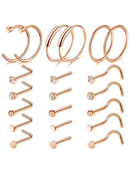 D.Bella 20G Nose Ring Hoop-14pcs-21pcs Nose Rings Studs Piercings Hoop Jewelry Stainless Steel Nose Rings