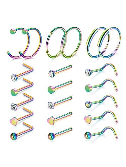 D.Bella 20G Nose Ring Hoop-14pcs-21pcs Nose Rings Studs Piercings Hoop Jewelry Stainless Steel Nose Rings