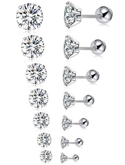 Tornito 7 Pairs 20G Stainless Steel Stud Earrings Round Cubic Zirconia Barbell Earring Set For Men Women 2MM-8MM Silver Tone