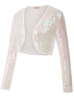 Women's Sequin Jacket Long Sleeve Open Front Glitter Cropped Blazer Bolero Shrug S-XXL