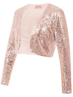 Women's Sequin Jacket Long Sleeve Open Front Glitter Cropped Blazer Bolero Shrug S-XXL