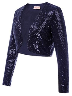 Women's Sequin Jacket Long Sleeve Open Front Glitter Cropped Blazer Bolero Shrug S-XXL