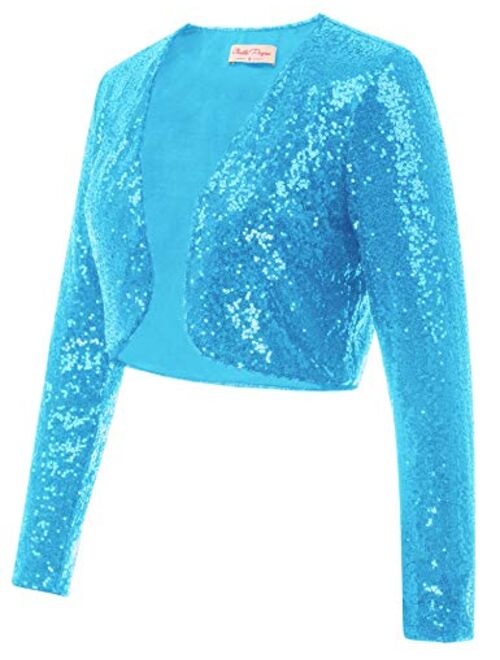 Belle Poque Women's Sequin Jacket Long Sleeve Open Front Glitter Cropped Blazer Bolero Shrug S-XXL