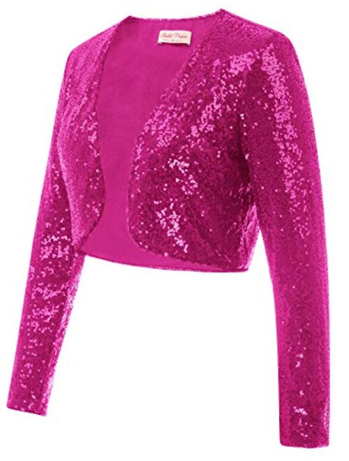 Belle Poque Women's Sequin Jacket Long Sleeve Open Front Glitter Cropped Blazer Bolero Shrug S-XXL