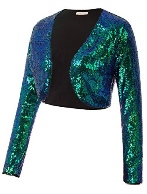 Belle Poque Women's Sequin Jacket Long Sleeve Open Front Glitter Cropped Blazer Bolero Shrug S-XXL