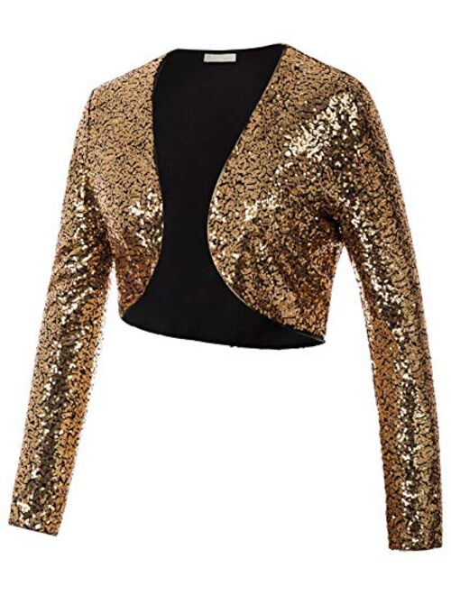 Belle Poque Women's Sequin Jacket Long Sleeve Open Front Glitter Cropped Blazer Bolero Shrug S-XXL