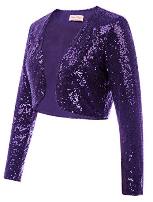 Belle Poque Women's Sequin Jacket Long Sleeve Open Front Glitter Cropped Blazer Bolero Shrug S-XXL