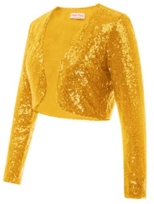 Belle Poque Women's Sequin Jacket Long Sleeve Open Front Glitter Cropped Blazer Bolero Shrug S-XXL