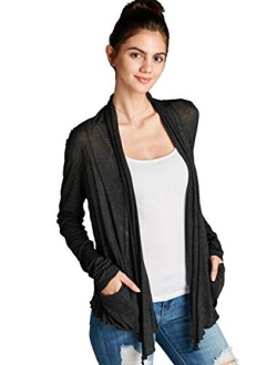 Hollywood Star Fashion Light Weight Flyaway Cardigan Shawl Collar Shrug with Drape Pockets Cardi Plus Size