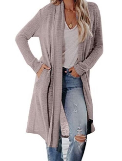 Elapsy Womens Casual Cozy Knit Open Front Long Sleeve Long Knit Cardigan Sweater