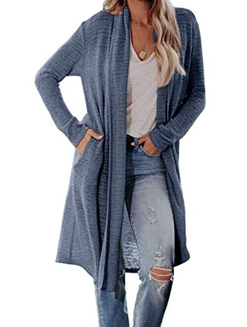 Elapsy Womens Casual Cozy Knit Open Front Long Sleeve Long Knit Cardigan Sweater