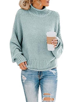 Womens Turtleneck Knit Sweaters Casual Chunky Pullover Long Sleeve Loose Jumper Tops