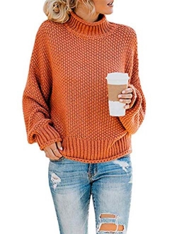 Womens Turtleneck Knit Sweaters Casual Chunky Pullover Long Sleeve Loose Jumper Tops