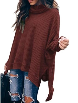 MILLCHIC Women Turtleneck Oversized Waffle Knit Batwing Sleeve Loose High Low Hem Side Slit Pullover Sweater Tunic Tops