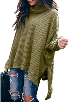 MILLCHIC Women Turtleneck Oversized Waffle Knit Batwing Sleeve Loose High Low Hem Side Slit Pullover Sweater Tunic Tops