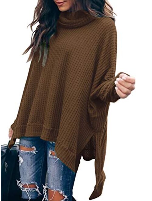 MILLCHIC Women Turtleneck Oversized Waffle Knit Batwing Sleeve Loose High Low Hem Side Slit Pullover Sweater Tunic Tops