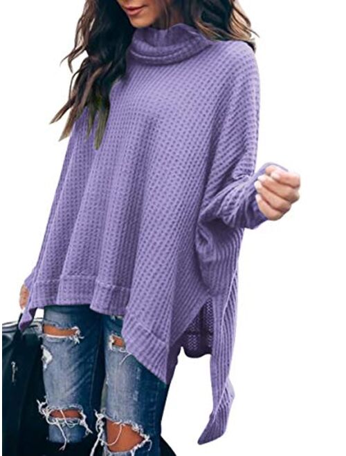 MILLCHIC Women Turtleneck Oversized Waffle Knit Batwing Sleeve Loose High Low Hem Side Slit Pullover Sweater Tunic Tops