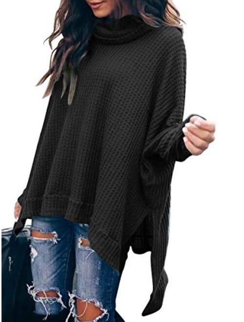 MILLCHIC Women Turtleneck Oversized Waffle Knit Batwing Sleeve Loose High Low Hem Side Slit Pullover Sweater Tunic Tops