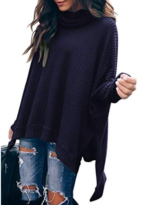 MILLCHIC Women Turtleneck Oversized Waffle Knit Batwing Sleeve Loose High Low Hem Side Slit Pullover Sweater Tunic Tops