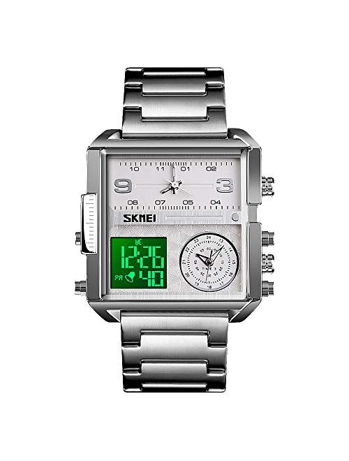 SKMEI Men's Digital Sports Watch, LED Square Large Face Analog Quartz Wrist Watch with Multi-Time Zone Waterproof Stopwatch