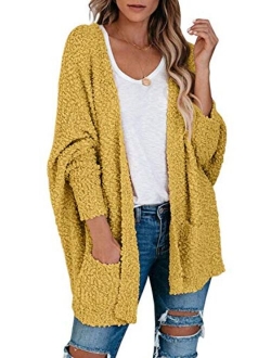 Women's Fuzzy Popcorn Batwing Sleeve Cardigan Knit Oversized Sherpa Sweater Pockets Coat