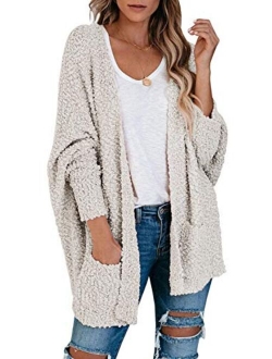 Women's Fuzzy Popcorn Batwing Sleeve Cardigan Knit Oversized Sherpa Sweater Pockets Coat