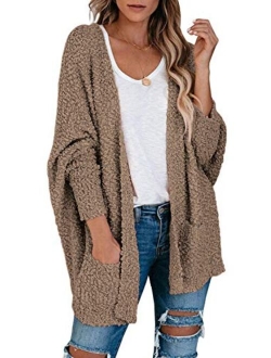 Women's Fuzzy Popcorn Batwing Sleeve Cardigan Knit Oversized Sherpa Sweater Pockets Coat