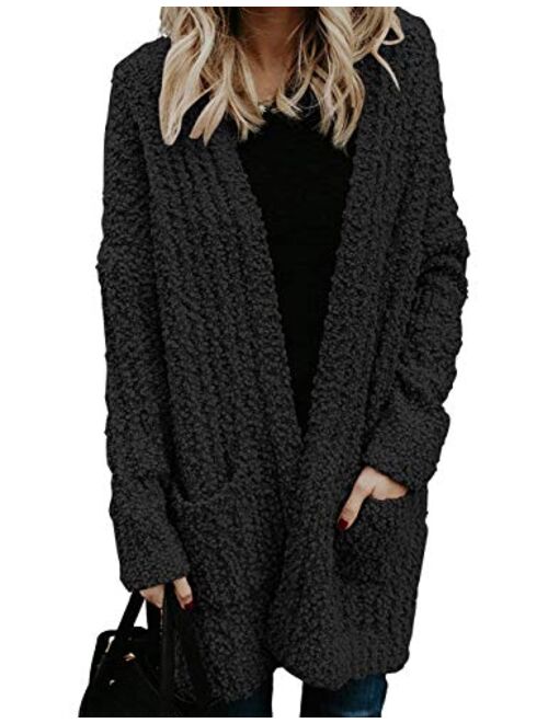 MEROKEETY Women's Fuzzy Popcorn Batwing Sleeve Cardigan Knit Oversized Sherpa Sweater Pockets Coat