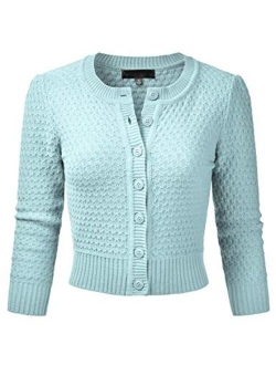 EIMIN Women's Crewneck Button Down 3/4 Sleeve Cropped Cardigan Sweater (S-3XL)