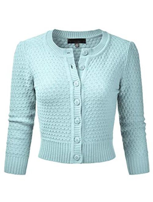 EIMIN Women's Crewneck Button Down 3/4 Sleeve Cropped Cardigan Sweater (S-3XL)