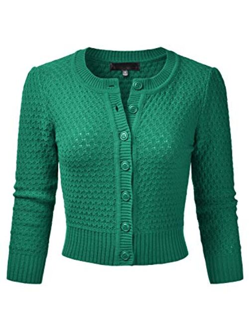 EIMIN Women's Crewneck Button Down 3/4 Sleeve Cropped Cardigan Sweater (S-3XL)