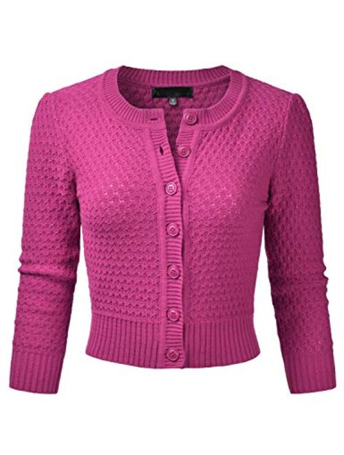 EIMIN Women's Crewneck Button Down 3/4 Sleeve Cropped Cardigan Sweater (S-3XL)