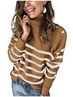 KIRUNDO 2020 Winter Womens Long Sleeves Knit Sweater Turtleneck Striped Print Loose Pullover Tops Deco with Metal Button