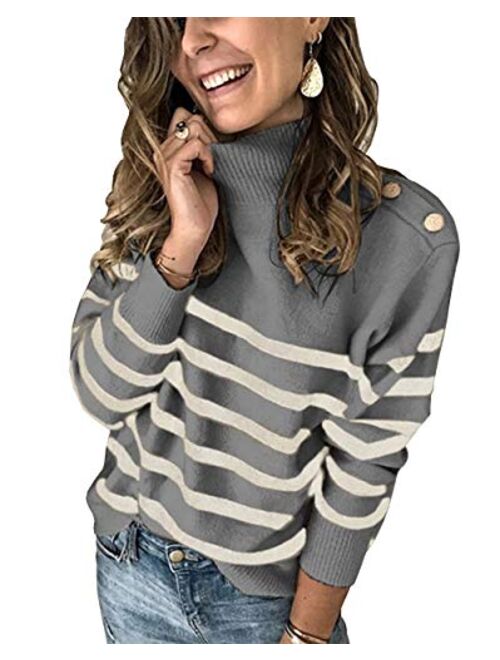 KIRUNDO 2020 Winter Womens Long Sleeves Knit Sweater Turtleneck Striped Print Loose Pullover Tops Deco with Metal Button