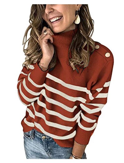 KIRUNDO 2020 Winter Womens Long Sleeves Knit Sweater Turtleneck Striped Print Loose Pullover Tops Deco with Metal Button