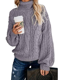 FARYSAYS Women's Casual Turtleneck Long Sleeve Loose Chunky Cable Knit Pullover Sweater Outerwear