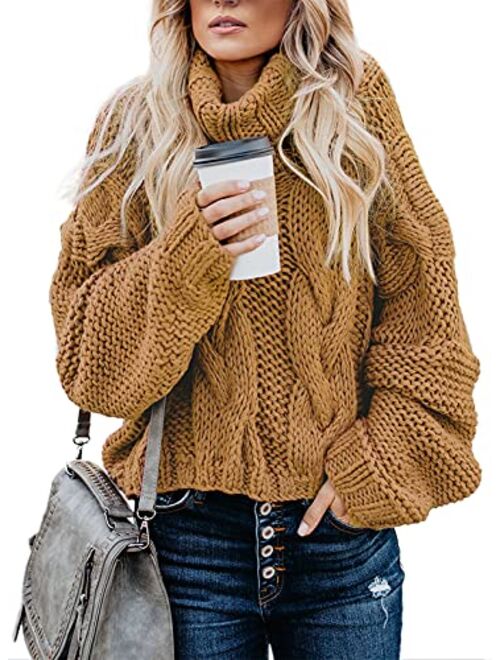 FARYSAYS Women's Casual Turtleneck Long Sleeve Loose Chunky Cable Knit Pullover Sweater Outerwear