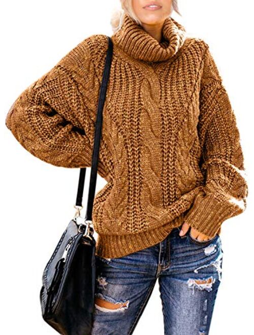 FARYSAYS Women's Casual Turtleneck Long Sleeve Loose Chunky Cable Knit Pullover Sweater Outerwear