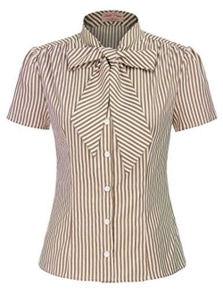 Summer Short Sleeve Office Button Down Blouse Stripe Shirt Tops with Bow Tie BP573