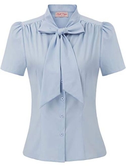 Summer Short Sleeve Office Button Down Blouse Stripe Shirt Tops with Bow Tie BP573