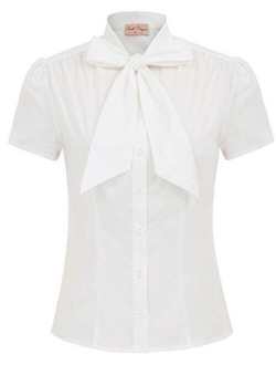 Summer Short Sleeve Office Button Down Blouse Stripe Shirt Tops with Bow Tie BP573