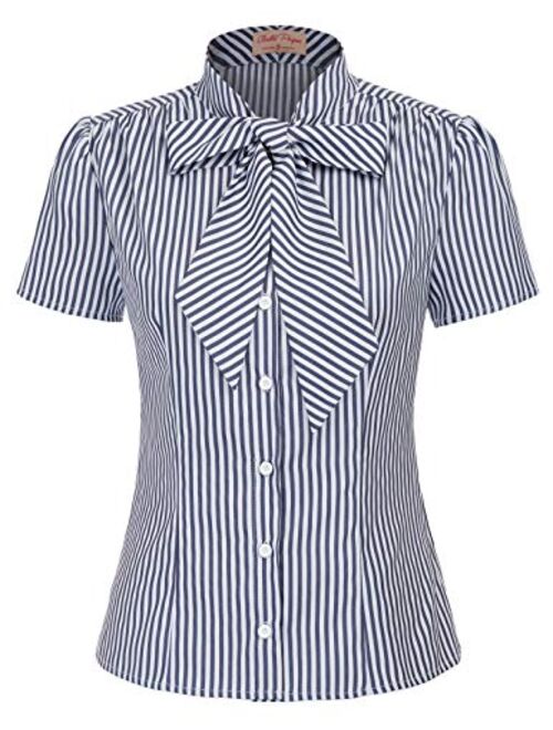 Belle Poque Summer Short Sleeve Office Button Down Blouse Stripe Shirt Tops with Bow Tie BP573