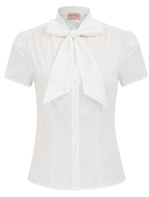 Belle Poque Summer Short Sleeve Office Button Down Blouse Stripe Shirt Tops with Bow Tie BP573