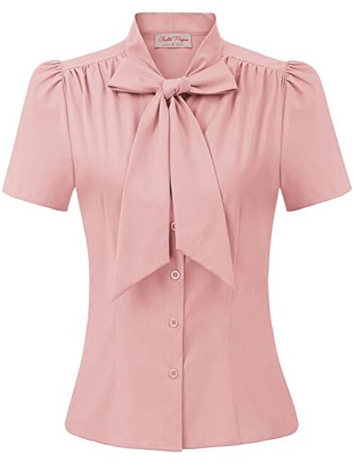 Belle Poque Summer Short Sleeve Office Button Down Blouse Stripe Shirt Tops with Bow Tie BP573