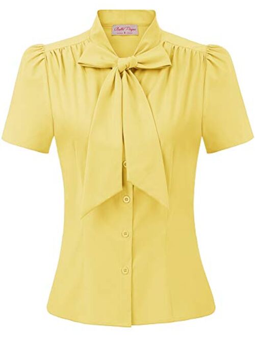 Belle Poque Summer Short Sleeve Office Button Down Blouse Stripe Shirt Tops with Bow Tie BP573