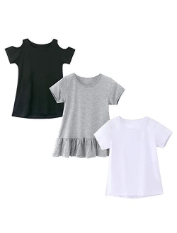 IRELIA 3 Pack Girls Crew Neck Tee Short Sleeve Shirts with Cold Shoulder