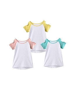 IRELIA 3 Pack Girls Crew Neck Tee Short Sleeve Shirts with Cold Shoulder